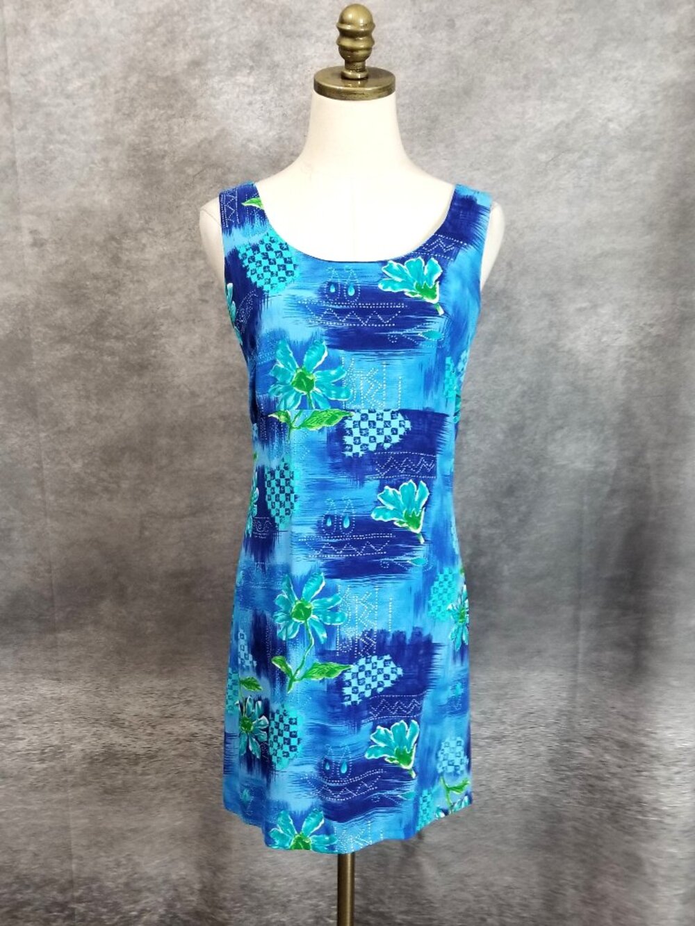 Vtg 90s Big Hed Designs Hawaiian Shift Dress Size S Blue Tropical Floral Rayon